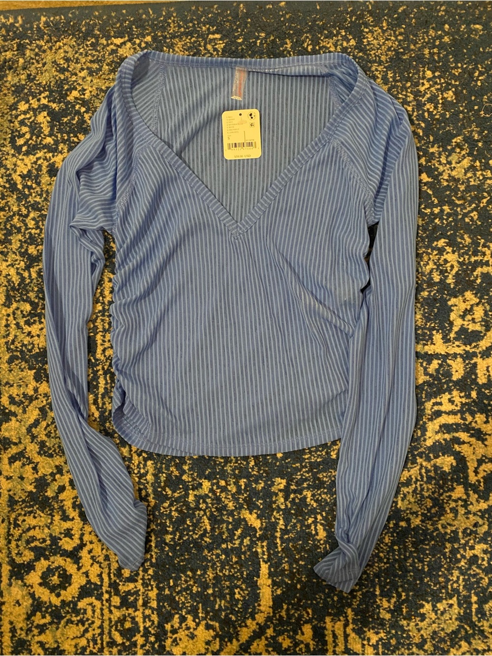 FP Movement by Free People Light Blue Ribbed V-Neck Long Sleeve Top